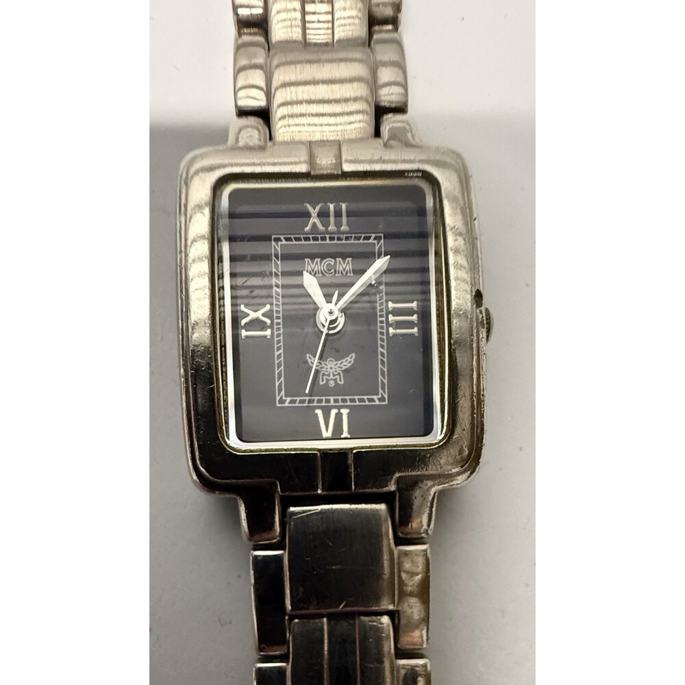 MCM Rectangle Quartz Silver Watch 26.5mm/7in Vintage w/COA